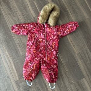 Floral Pink Kids Snowsuit with Faux Fur Hood